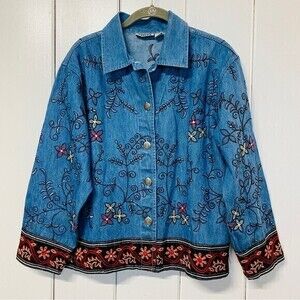 Chico’s Vintage Embroidered Denim Jacket, Western Style,‎ Size 1, Blue Floral*